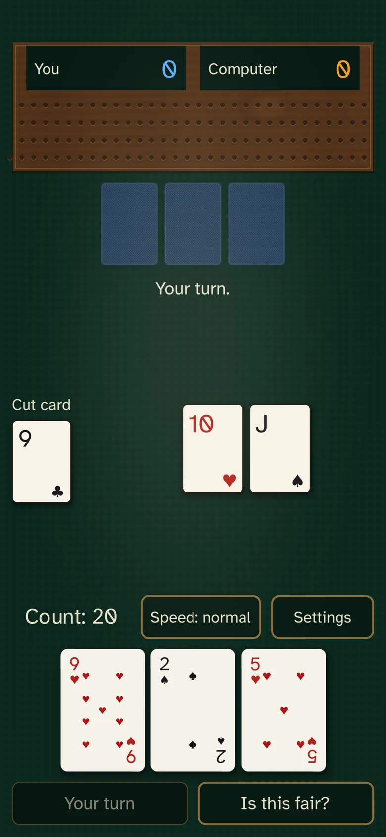 A cribbage board with two pegs, a cut card, and the running count. The hand at the bottom shows six cards with their suits.