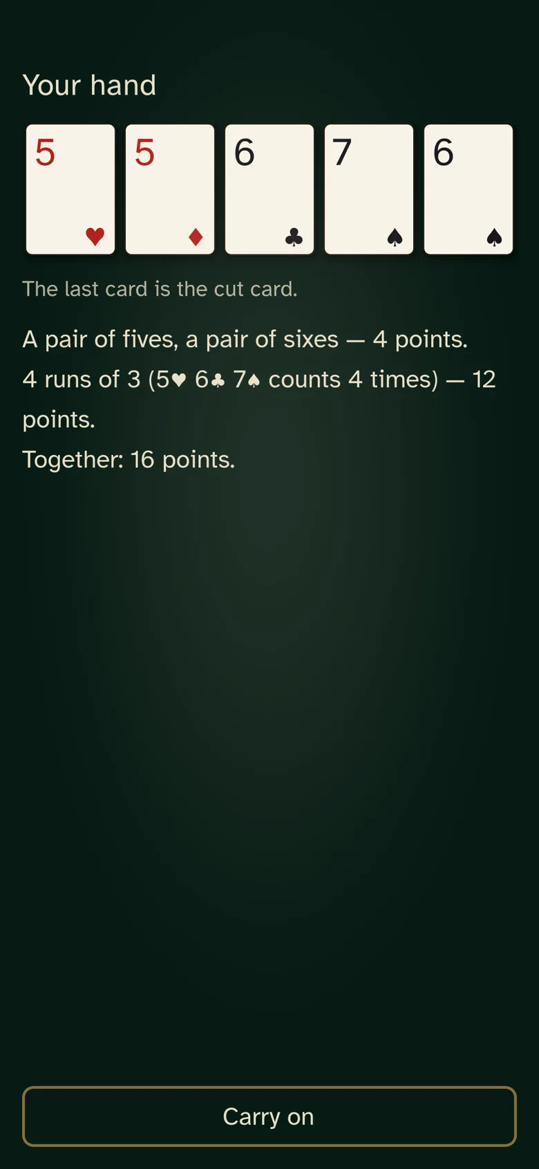 The counting screen listing each combination that scored, with the cards it used and the points it was worth.