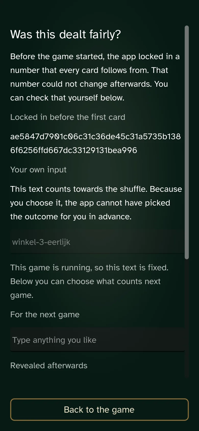 The fairness screen showing the commitment hash, the seeds, and the position in the stream.